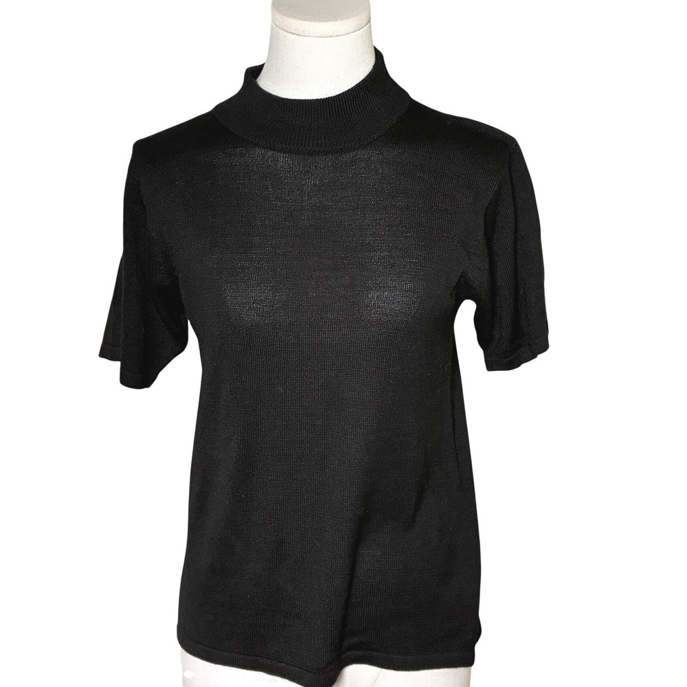 Minimalist Mock Neck 100% Silk Knit Short Sleeve Sweater Black Saint Germain M